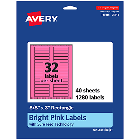 Avery® Printable Labels With Sure Feed® Technology, 94214-BPP40, Rectangle, 5/8" x 3", Matte Bright Pink, Pack of 1280