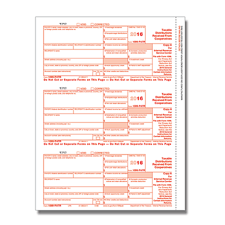 ComplyRight 1099-PATR Inkjet/Laser Tax Forms For 2016, Federal Copy A, 8 1/2" x 11", Pack Of 50 Forms