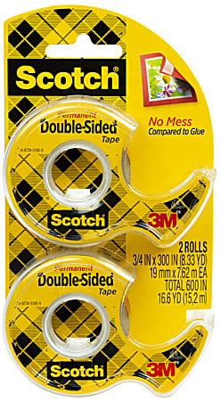 Scotch Double Sided Tape, Permanent, 3/4 in x 300 in, 2 Tape Rolls, Clear, Home Office and School Supplies