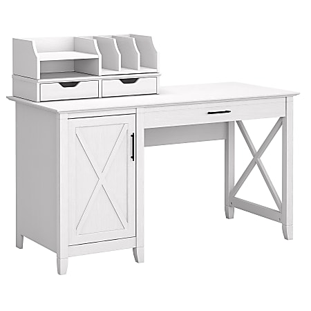 Bush Furniture Key West 54"W Computer Desk With Storage And Desktop Organizers, Pure White Oak, Standard Delivery