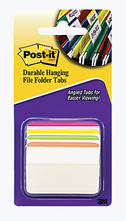 Post-it® Notes Durable Hanging Angled Lined File Folder Tabs, 2" x 1-1/2", Assorted Bright Colors, Pack Of 24 Tabs