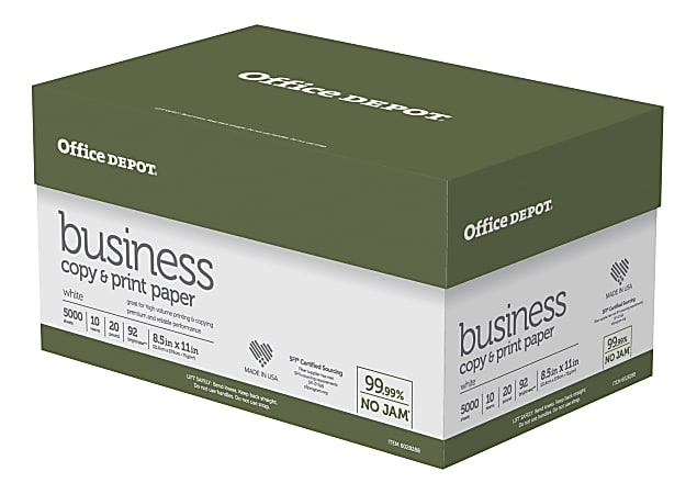 Office Depot® Brand Business Multi-Use Printer & Copier Paper, Letter Size (8 1/2" x 11"), 5000 Total Sheets, 92 (U.S.) Brightness, 20 Lb, White, 500 Sheets Per Ream, Case Of 10 Reams