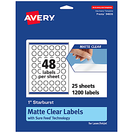 Avery® Permanent Labels With Sure Feed®, 94606-CMF25, Starburst, 1", Matte Clear, Pack Of 1,200
