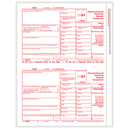 ComplyRight™ 1099-K Tax Forms, 2-Up, Federal Copy A, Laser, 8-1/2" x 11", Pack Of 100 Forms