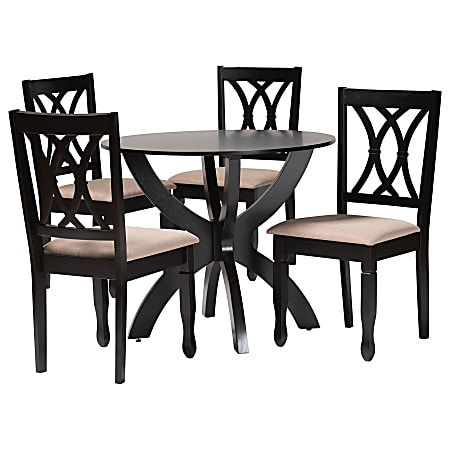 Baxton Studio April Fabric And Finished Wood 5-Piece Dining Set, 29-15/16”H x 35-7/16”W x 35-7/16”D, Sand/Dark Brown