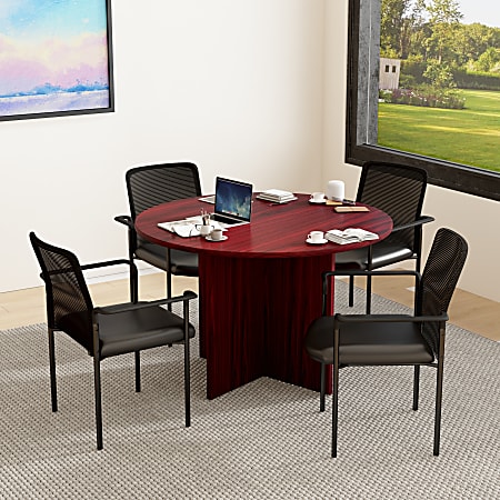 Boss Office Products 47 Round Table And Stackable Mesh Chairs Set MahoganyBlack Office Depot