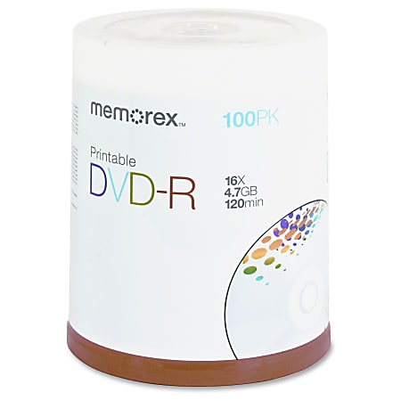 Memorex® F94679 Inkjet Printable DVD-R Disc Spindle, Silver, Pack Of 100
