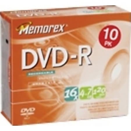 Memorex™ DVD-R Recordable Media With Jewel Cases, 4.7GB/120 Minutes, Pack Of 10