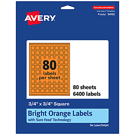 Avery® Print-To-The-Edge Labels With Sure Feed® Technology And Easy Peel®, 94102-BOP80, Square, 3/4" x 3/4", Matte Bright Orange, Pack of 6400