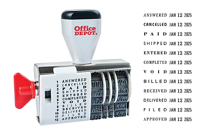 Office Depot® Brand Message Date Stamp Dater ANSWERED, CANCELLED, PAID, SHIPPED, ENTERED, COMPLETED, VOID, BILLED, RECEIVED, DELIVERED, FILED, APPROVED Stamp, Dial-n-Stamp Traditional Style Message Date Stamp Dater