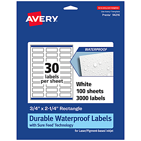 Avery® Waterproof Permanent Labels With Sure Feed®, 94216-WMF100, Rectangle, 3/4" x 2-1/4", White, Pack Of 3,000