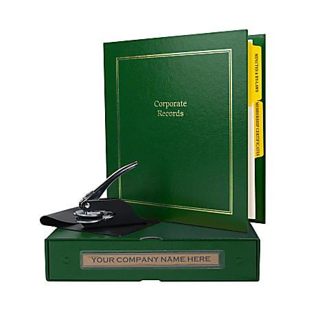 Custom Not For Profit Corporate Kit, 1-1/2" Green Binder, 20 Blue Stock Certificates, 1-5/8" Corporate Seal Embosser