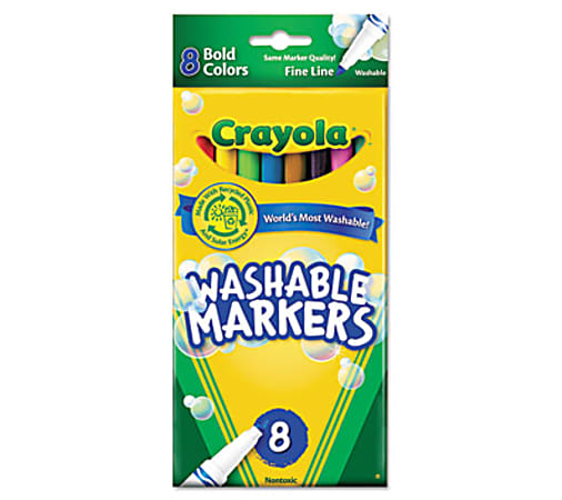 Crayola Bright Washable Markers - Fine Marker Point - Raspberry, Azure, Golden Yellow, Emerald, Copper, Plum Water Based Ink - Assorted Barrel - 8 / Set