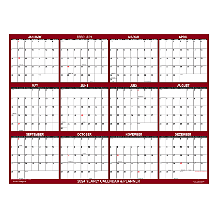 2024 SwiftGlimpse Oversized Wet/Dry-Erase Laminated Yearly Wall Calendar, 72" x 48", Maroon