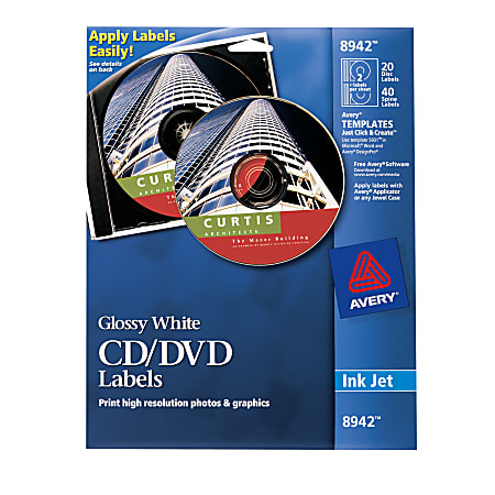 Avery® CD/DVD Labels, Permanent, 8942, 4 1/2" Diameter, White Glossy, Pack Of 20