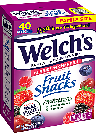 Welch's Fruit Snacks, Berries 'N Cherries, 0.8 Oz, Box Of 40 Packages