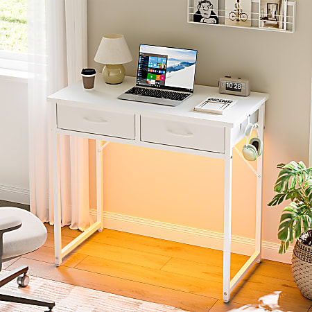 PINMOCO 32”W Writing Desk With Drawers/Hanging Hook, White