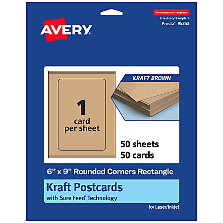 Avery® Printable Postcards With Sure Feed® Technology, 6" x 9" Rectangle Rounded Corners, Kraft Brown, Pack Of 50
