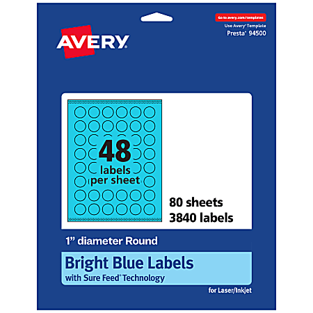 Avery® Print-To-The-Edge Labels With Sure Feed® Technology And Easy Peel® Label Feature, 94500-BBP80, Round, 1", Matte Bright Blue, Pack of 3840