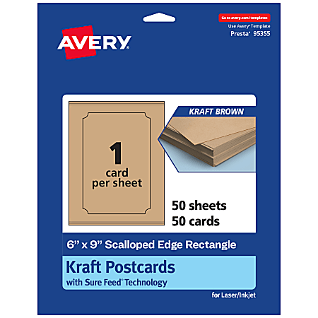 Avery® Printable Postcards With Sure Feed® Technology, 6" x 9" Rectangle Scalloped Edge, Kraft Brown, Pack Of 50