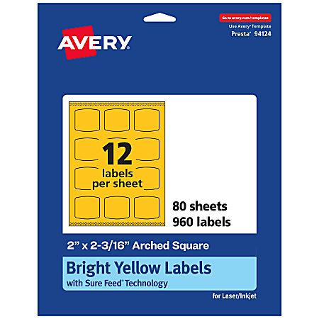 Avery® Print-To-The-Edge Labels With Sure Feed® Technology, 94124-BYP80, Arched Square, 2" x 2-3/16", Matte Bright Yellow, Pack of 960