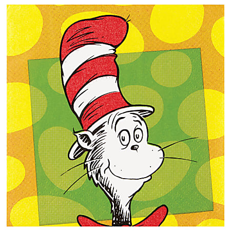 Amscan Dr. Seuss Cat In The Hat 2-Ply Beverage Napkins, 5" x 5", Multicolor, 16 Napkins Per Sleeve, Pack Of 4 Sleeves