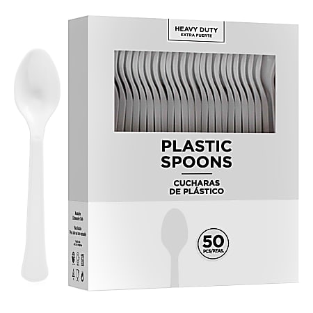 Amscan 8018 Solid Heavyweight Plastic Spoons, Frosty White, 50 Spoons Per Pack, Case Of 3 Packs