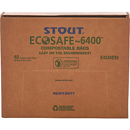 Stout® EcoSafe-6400 Compostable Compost Bags, 0.85-mil, 48 Gallons, 42" x 48", Green, Box Of 40
