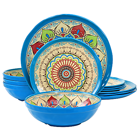 Elama Camilla 12-Piece Melamine Dinnerware Set, Multicolor