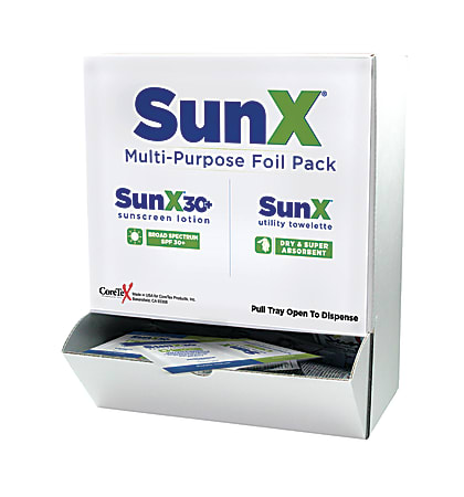 SunX SPF-30 Single-Use Sunscreen Lotion/Towelette Combo in Wallmount Dispenser, Box of 50