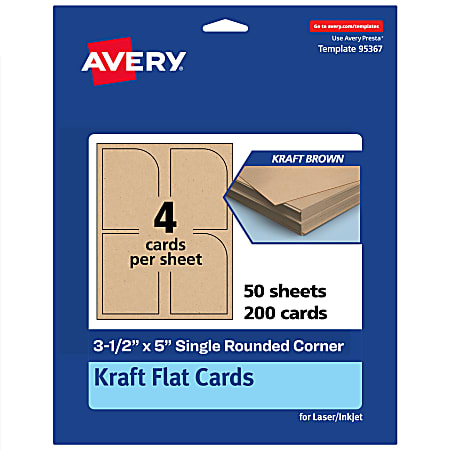 Avery® Print-To-The-Edge Flat Cards, 3-1/2"x5" Rectangle Single Rounded Corner, Kraft Brown, Pack Of 200