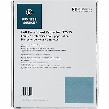 Business Source Full Sheet Top Load Poly Sheet Protectors - 3.1 mil Thickness - For Letter 8 1/2