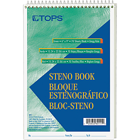 TOPS Green Tint Steno Books - 70 Sheets - Coilock - 15 lb Basis Weight - 6" x 9" - 9" x 6" x 0.3" - Green Tint Paper - Green, White, Blue Cover - Snag Resistant, Acid-free, Heavyweight - 12 / Dozen