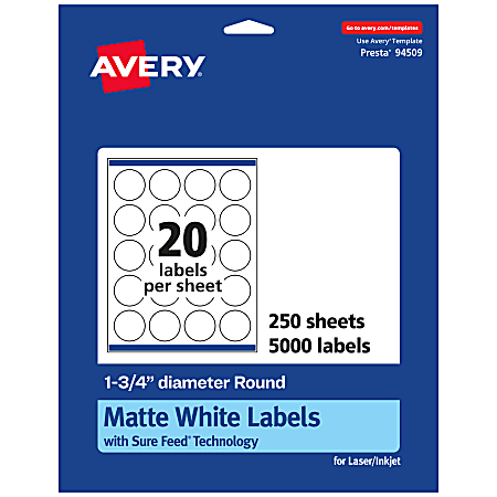 Avery® Permanent Labels With Sure Feed®, 94509-WMP250, Round, 1-3/4" Diameter, White, Pack Of 5,000