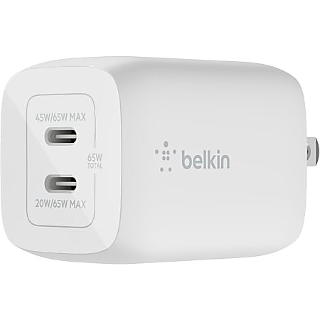 Belkin BoostCharge Pro Dual USB-C GaN Wall Charger with PPS 65W Laptop Chromebook Charging - Power Adapter - 65 W