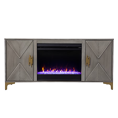 SEI Furniture Lantara Color-Changing Fireplace, 26-1/2”H x 56”W x 16-3/4”D, Graywash/Gold