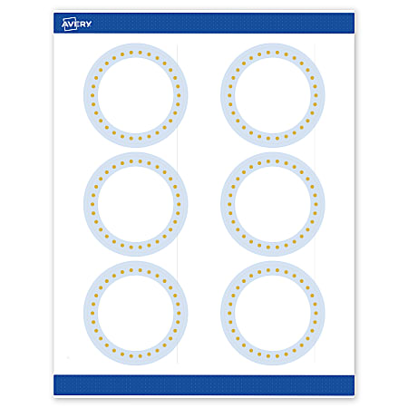 Avery® Print-To-The-Edge Labels & Sure Feed®, S00-DMD-PRWMP10, 3" Round, Matte White, Preprinted Blue Border & Gold Dots Design, Pack Of 60