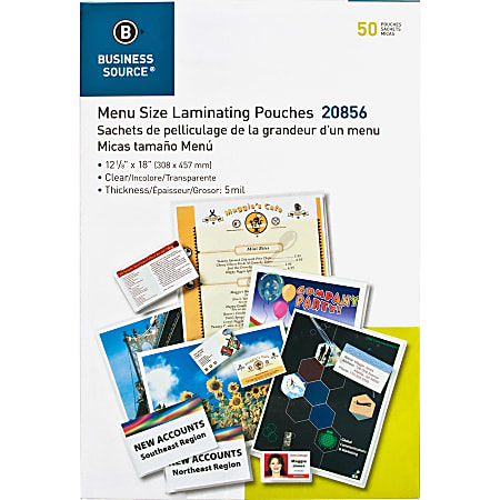Business Source 5 mil Menu-size Laminating Pouches - Laminating Pouch/Sheet Size: 12.13 Business Source 5 mil Menu-size Laminating Pouches - Laminating Pouch/Sheet Size: 12.13