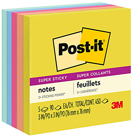 Post-it Super Sticky Notes, 3 in x 3 in, 5 Pads, 90 Sheets/Pad, 2x the Sticking Power, Summer Joy Collection