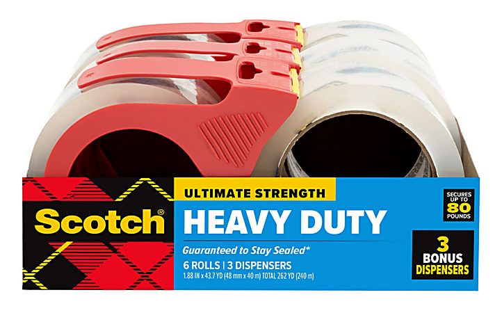 Scotch Heavy Duty Shipping Packaging Tape, 1.88 in, 47.7 yd, Clear, Pack of 6 Rolls, 3 Dispensers