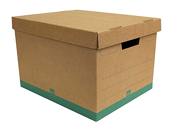 Office Depot® Brand Medium Quick Set Up Corrugated Medium-Duty Storage Boxes With Lift-Off Lids And Built-In Handles, Letter/Legal Size, 15" x 12" x 10", 100% Recycled, Kraft/Green, Case Of 5