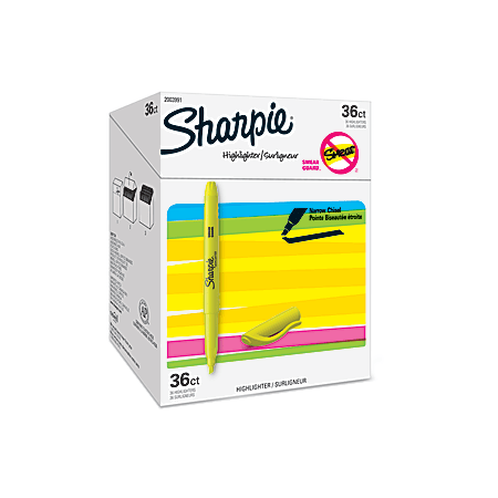 Sharpie® Pocket Highlighters, Chisel Tip, Fluorescent Yellow, Pack Of 36