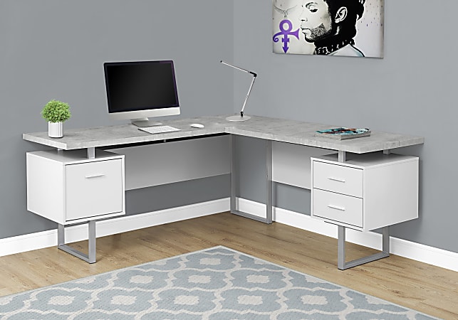 Monarch Specialties 71"W L-Shaped Corner Desk With 2 Drawers, Gray Cement/White
