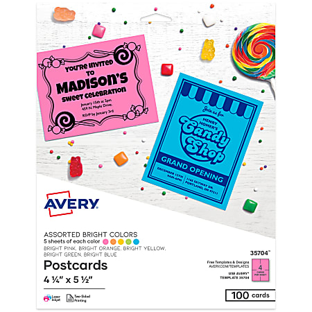 Avery® Astrobrights Cardstock Postcards, 8-1/2" x 11" Sheets, 30% Recycled, Assorted Colors, 4 Cards Per Sheet, Pack Of 25 Sheets