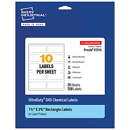 Avery® Ultra Duty® Permanent GHS Chemical Labels, 97216-WMU25, Rectangle, 1-1/2" x 3-3/4", White, Pack Of 250