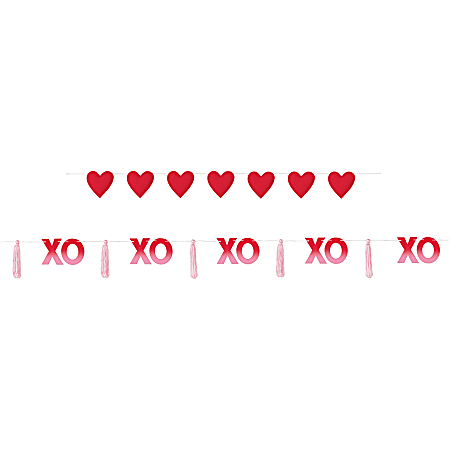 Amscan Valentine’s Day Canvas Hearts & XOXO Yarn Tassel Garland Set, 72” x 3-1/2”, Red/Pink, Set Of 2 Garland Pieces