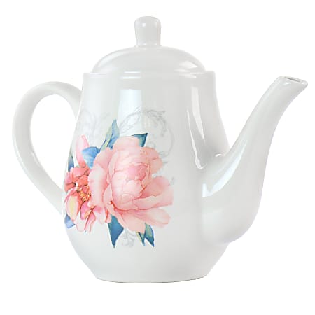 Martha Stewart Floral Ceramic Tea Pot, 1.4 Qt, White