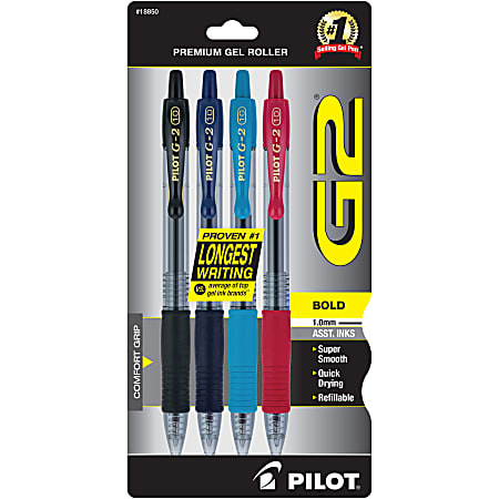 Pilot G2 Premium Gel Roller Pens, Bold Point, 1.0 mm, Clear Barrels, Assorted Ink Colors, Pack Of 4 Pens