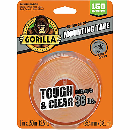 Gorilla Tough &amp; Clear Mounting Tape - 12.50 ft Length x 1&quot; Width - Clear - 1 Each