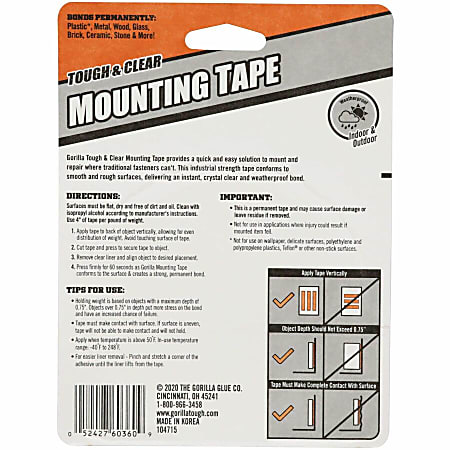 Gorilla Tough & Clear Mounting Tape - 12.50 ft Length x 1" Width - Clear - 1 Each